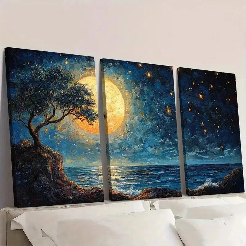 3pcs Night Lights Seaside & Mermaid Design R  Wall Art Set Canvas Framed 50x70cm - High Quality Print 100% Australian Made Wall Canvas Ready to Hang - Bella Home Decor
