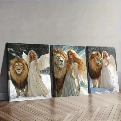 3pcs The girl and the lion in the snow Wall Art Set Canvas Unframed - High Quality Print 100% Australian Made Wall Canvas