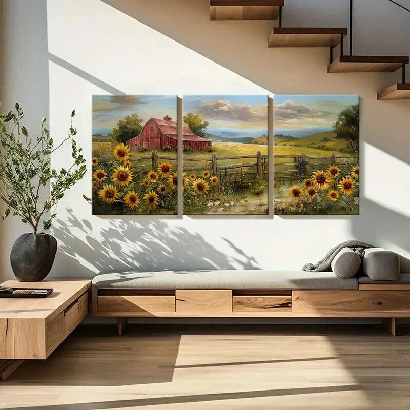 3pcs Rustic Barn Sunflowers Rolling Hills Metal Print Ready to Hang Art - Bella Home Decor