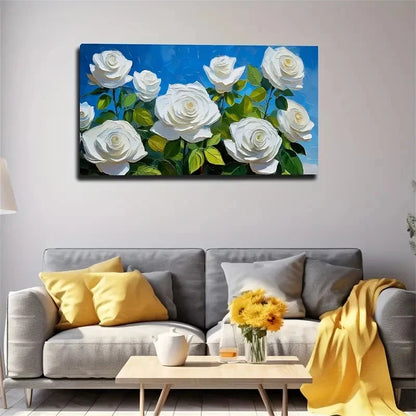White Rose Oil Painting Wall Art Canvas Office Home Room Framed 120x60cm