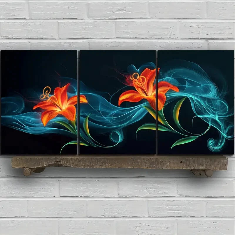 3pcs Beautiful Flowers Orange Blue Metal Print Ready to Hang Art - Bella Home Decor
