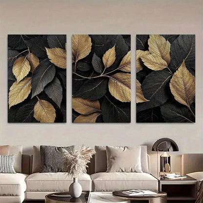 3pcs Golden Leaf Botanical Luxurious Black Metal Print Ready to Hang Art