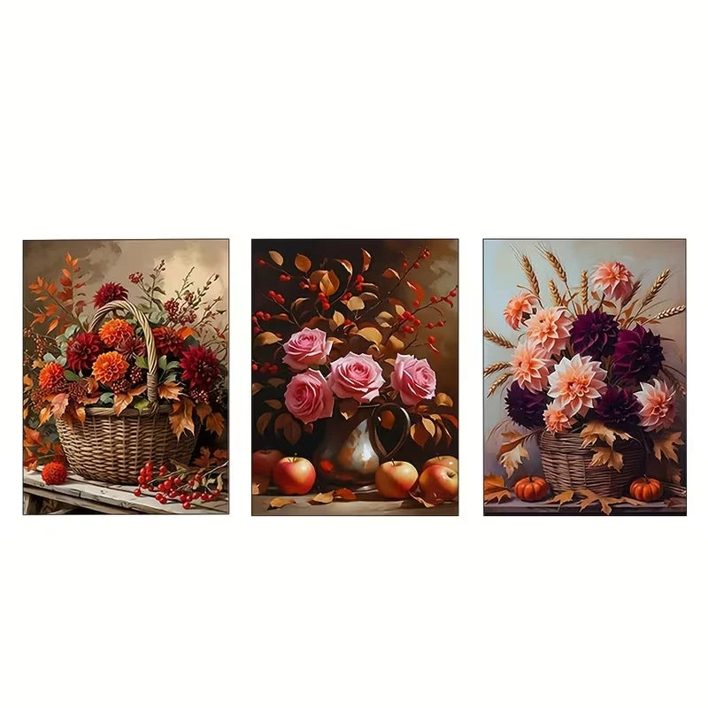 3pcs Autumn Harvest Flowers in Woven Baskets Wall Art Set Canvas Framed 40x60cm - High Quality Print 100% Australian Made Wall Canvas Ready to Hang - Bella Home Decor