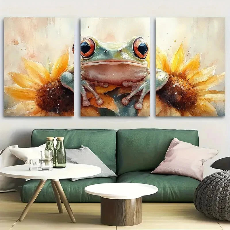 3pcs Frog Sunflower Watercolor Design Metal Print Ready to Hang Art