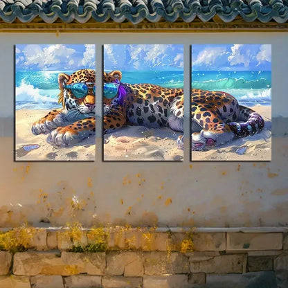 3pcs Cartoonish Leopard in Beach Scene Metal Print Ready to Hang Art - Bella Home Decor