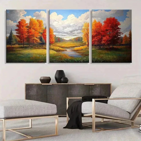 3pcs Flowing Stream and Golden Foliage Prefect Wall Art Canvas Unframed - High Quality Print 100% Australian Made Wall Canvas - Bella Home Decor