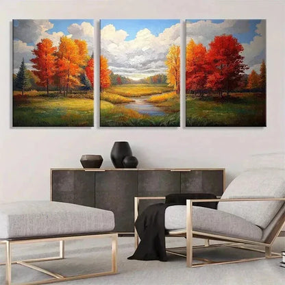 3pcs Flowing Stream and Golden Foliage Prefect Wall Art Canvas Unframed - High Quality Print 100% Australian Made Wall Canvas - Bella Home Decor