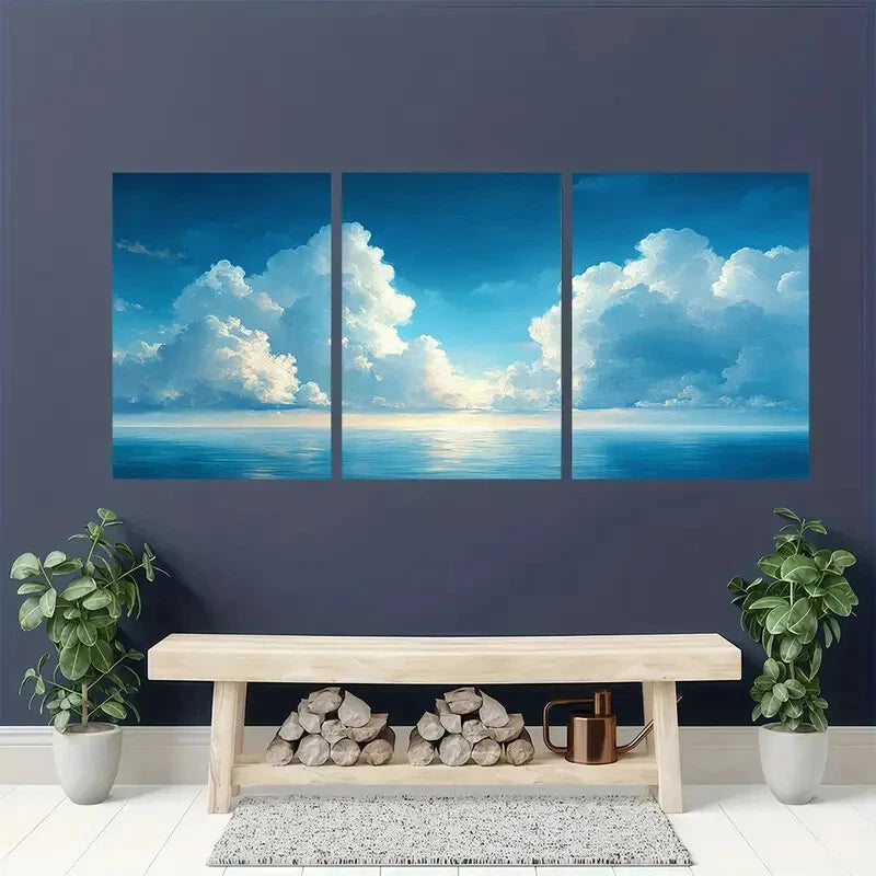 3pcs Country White Cloudy Blue Sky Landscape Metal Print Ready to Hang Art