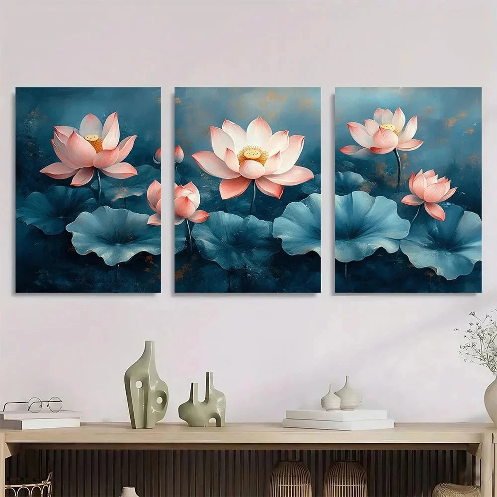 3pcs Lotus Modern Abstract Painting Metal Print Ready to Hang Art - Bella Home Decor