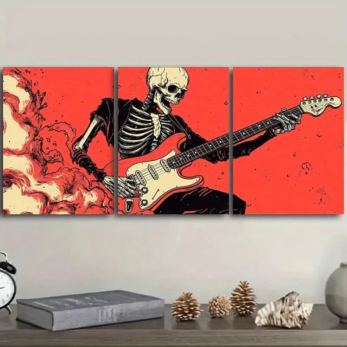 3pcs A skeleton playing an electric guitar Wall Art Set Canvas Unframed - High Quality Print 100% Australian Made Wall Canvas - Bella Home Decor