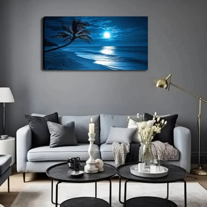 Moonlit Ocean Waves with Palm Wall Art canvas office home room framed 120x60cm - Bella Home Decor