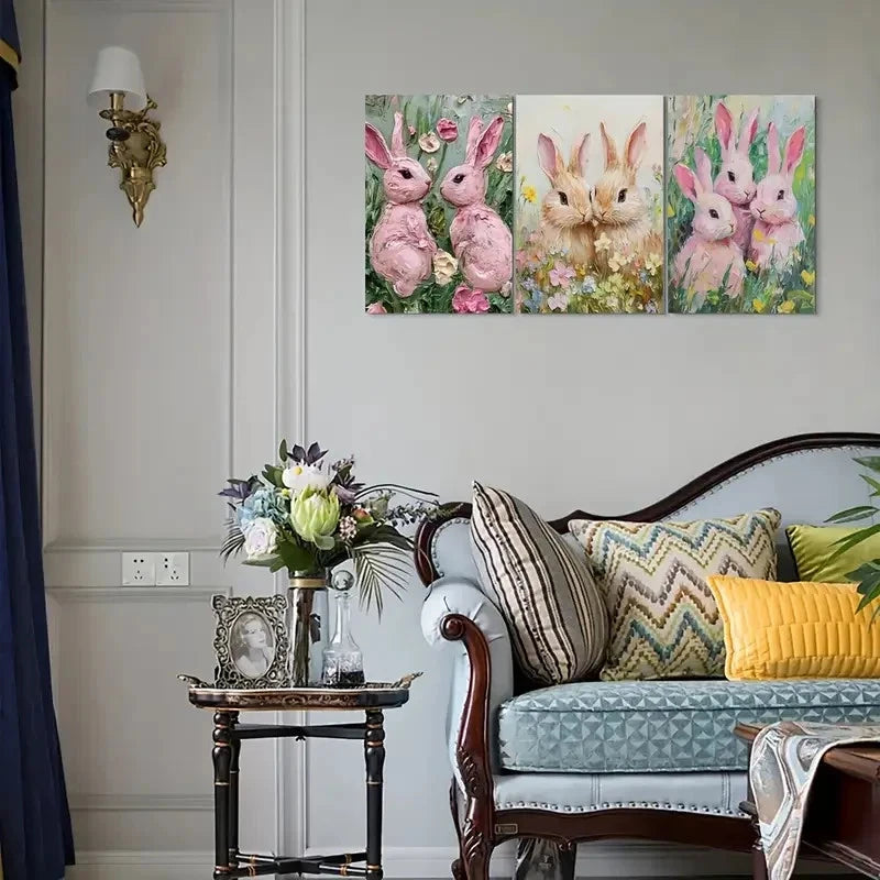 3pcs Pink Rabbit Oil Painting Print on Grass Metal Print Ready to Hang Art