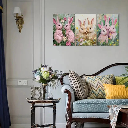 3pcs Pink Rabbit Oil Painting Print on Grass Metal Print Ready to Hang Art