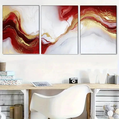 3pcs Abstract Red and Golden Wall Art Set Metal Print Ready to Hang Art - Bella Home Decor