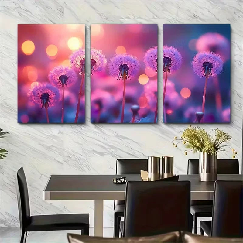 3pcs Purple Dandelion Metal Print Ready to Hang Art