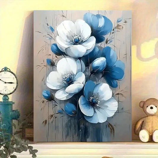 White & Blue Floral Botanical Painting 40x60cm Metal Print Ready to Hang