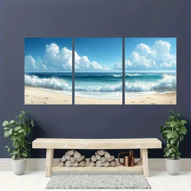 3pcs Ocean Beach Watercolor Paintings Calm Sea Metal Print Ready to Hang Art
