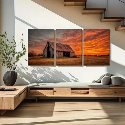 3pcs Rustic Barn Sunset Sky Landscape Art Metal Print Ready to Hang Art - Bella Home Decor