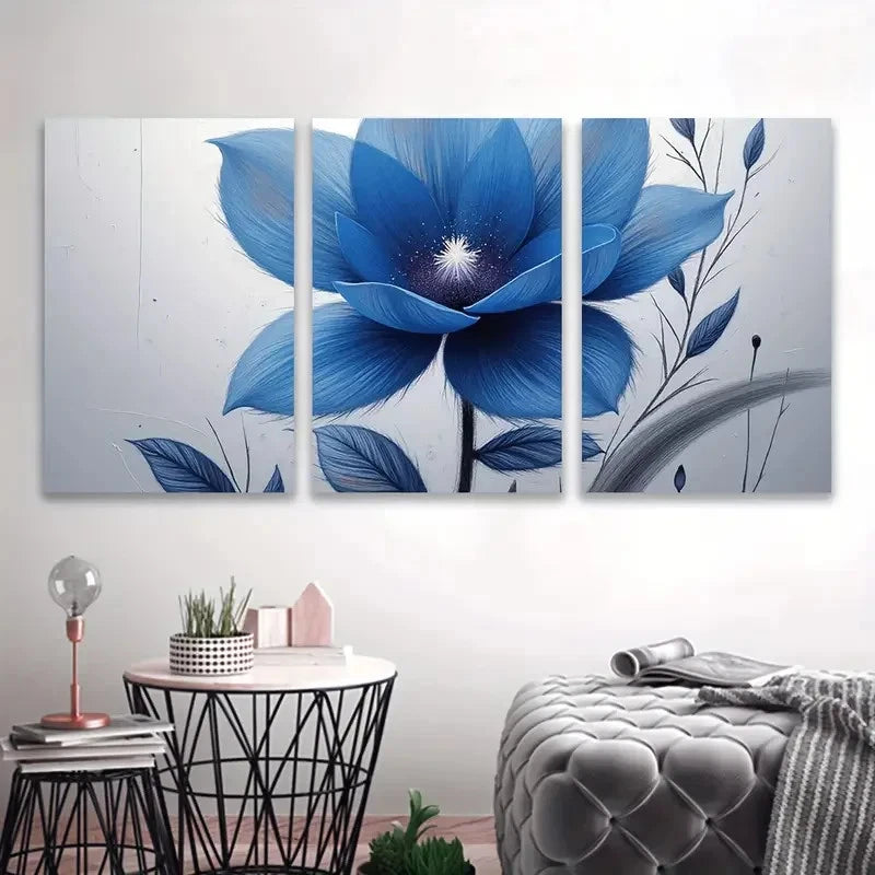 3pcs Blue Flower Artwork Wall Art Set Canvas Framed 50x70cm - High Quality Print 100% Australian Made Wall Canvas Ready to Hang - Bella Home Decor