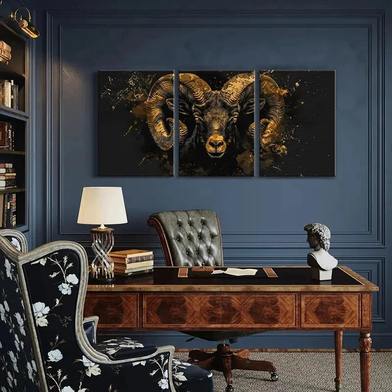 3pcs Abstract Golden Ram Artistic Splatter Metal Print Ready to Hang Art - Bella Home Decor