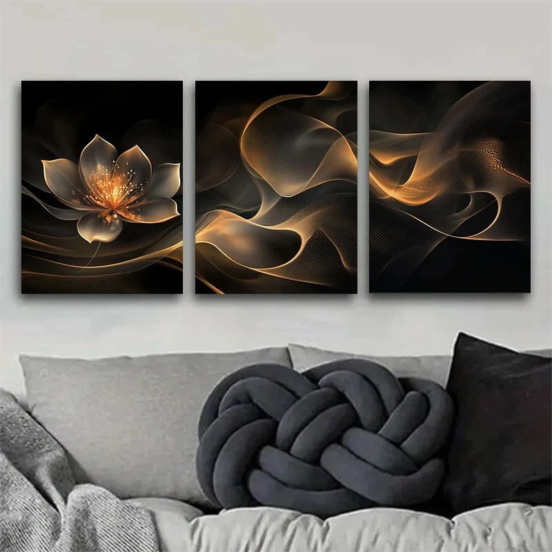 3pcs Abstract Golden Flower Black and Golden Metal Print Ready to Hang Art - Bella Home Decor