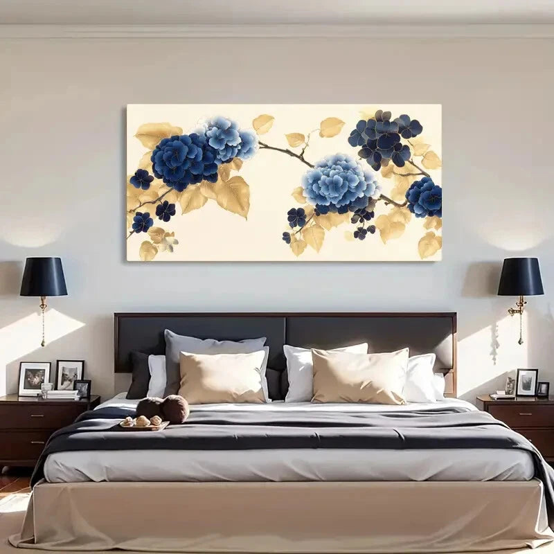 Blue Floral Leaves Luxury Wall Art Canvas Office Home Room Framed 120x60cm - Bella Home Decor