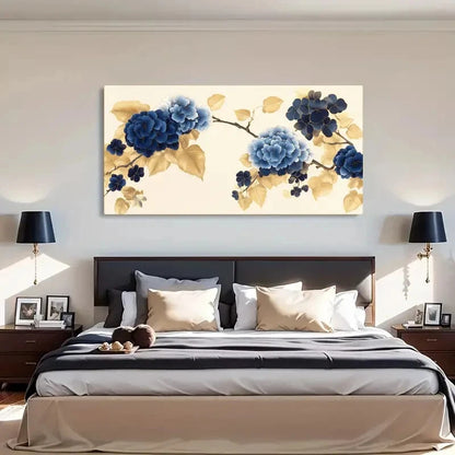 Blue Floral Leaves Luxury Wall Art Canvas Office Home Room Framed 120x60cm - Bella Home Decor
