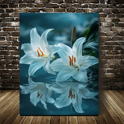 Serene White Lilies in Blue Water Painting 40x60cm Metal Print Ready to Hang