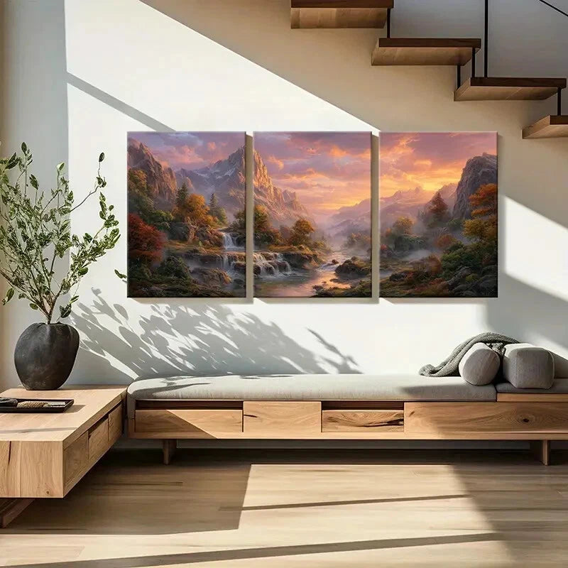 3pcs Autumn Mountain Landscape Waterfall Scenery Metal Print Ready to Hang Art - Bella Home Decor
