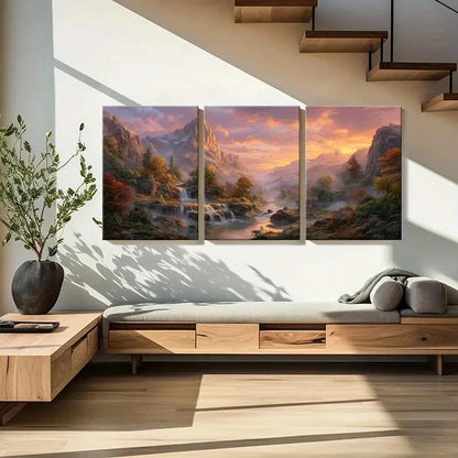 3pcs Autumn Mountain Landscape Waterfall Scenery Metal Print Ready to Hang Art - Bella Home Decor