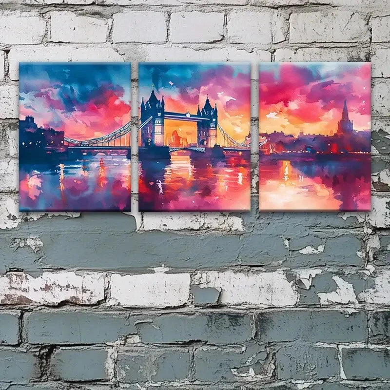 3pcs London Bridge Vibrant Sunset Metal Print Ready to Hang Art - Bella Home Decor