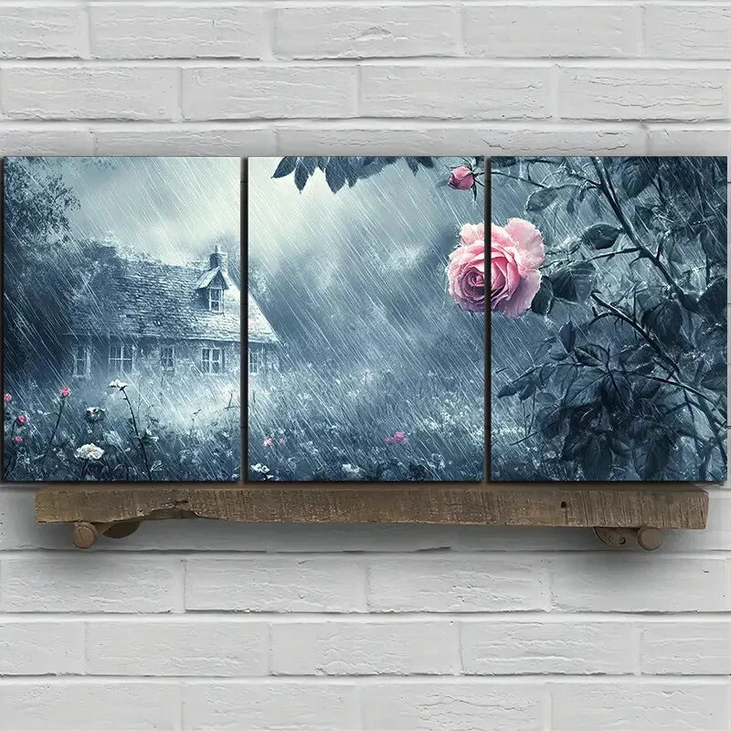 3pcs Rose in the Rain Farmhouse Metal Print Ready to Hang Art - Bella Home Decor