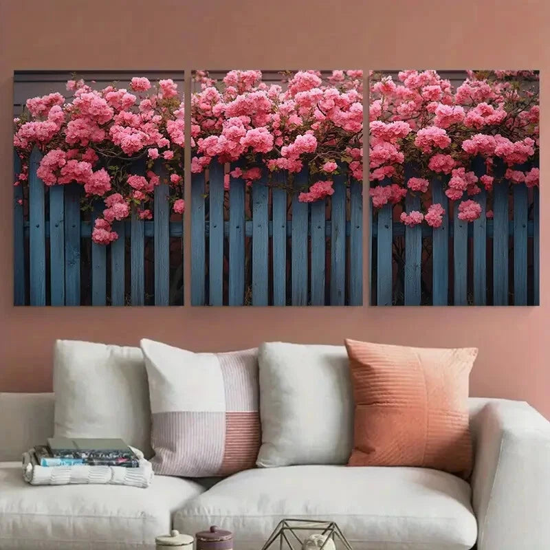 3pcs Pink Floral Growing Around Fencing Metal Print Ready to Hang Art - Bella Home Decor