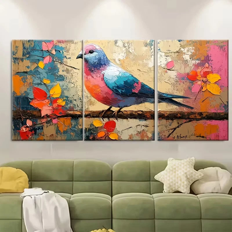 3pcs Colorful Pigeon Impasto Painting Metal Print Ready to Hang Art - Bella Home Decor