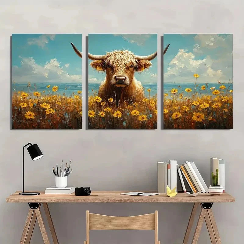 3pcs Rustic Highland Cow & Dandelions Decor Metal Print Ready to Hang Art - Bella Home Decor