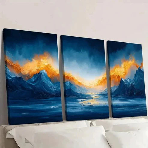 3pcs Abstract Blue & Golden Mountain Landscape Wall Art Canvas Unframed - High Quality Print 100% Australian Made Wall Canvas