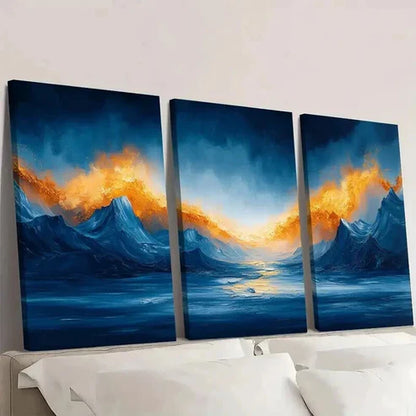 3pcs Abstract Blue & Golden Mountain Landscape Wall Art Canvas Unframed - High Quality Print 100% Australian Made Wall Canvas
