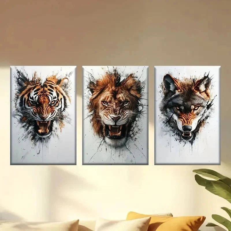 3pcs Angry Animal Portrait Tiger Lion Wolf Wall Art Set Canvas Framed 60x90cm - High Quality Print 100% Australian Made Wall Canvas Ready to Hang - Bella Home Decor