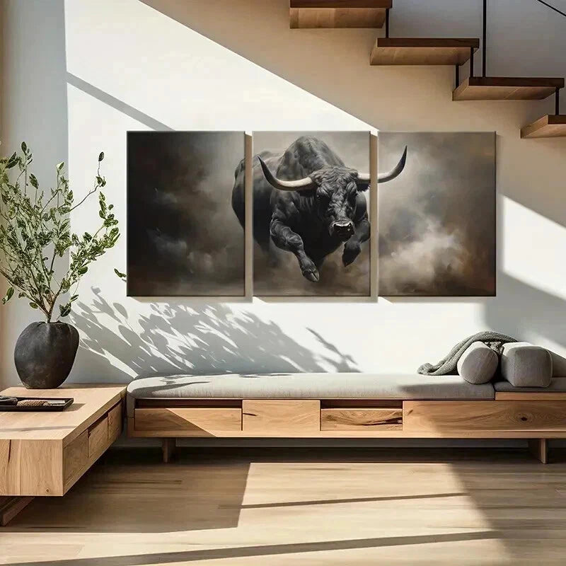 3pcs Black Bison Bull Cow Retro Farmhouse Wall Art Set Canvas Framed 60x90cm - High Quality Print 100% Australian Made Wall Canvas Ready to Hang - Bella Home Decor