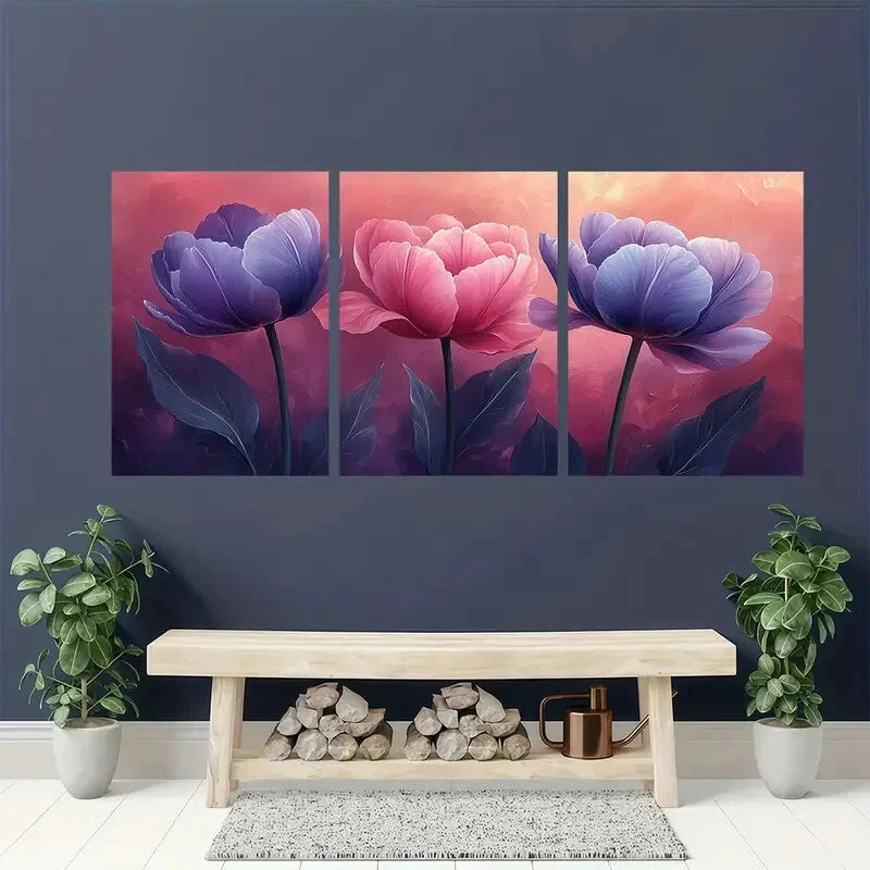 3pcs Pink & Purple Flowers with Green Leaves Metal Print Ready to Hang Art - Bella Home Decor