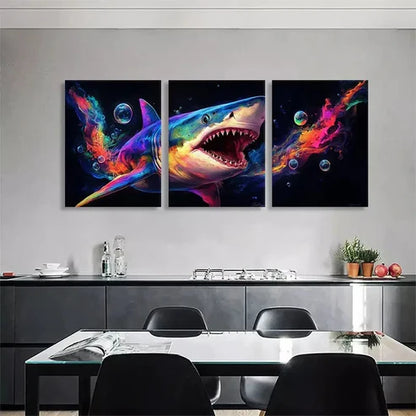 3pcs Colorful Shark Rainbow Splash Perfect Wall Art Set Canvas Unframed - High Quality Print 100% Australian Made Wall Canvas - Bella Home Decor