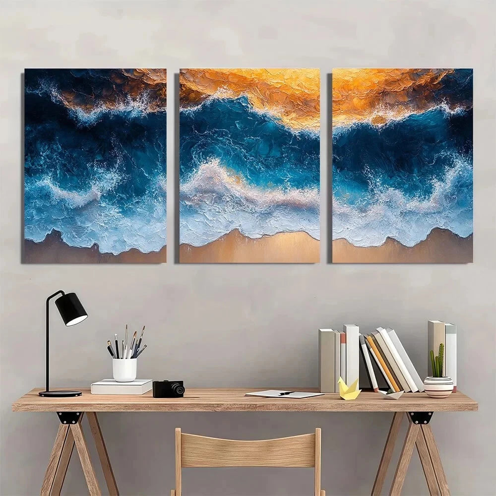 3pcs Abstract Ocean Beach Blue & Gold Metal Print Ready to Hang Art - Bella Home Decor