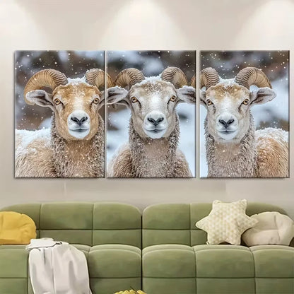 3pcs Three Rams Winter Wildlife Metal Print Ready to Hang Art