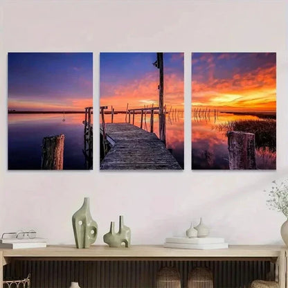 3pcs Sunset Dock Triptych Paintings Wall Art Set Canvas Unframed - High Quality Print 100% Australian Made Wall Canvas