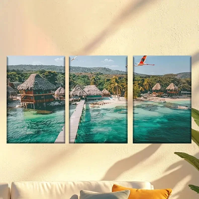 3pcs Beach Resort Scene with Palm Trees Wall Art Set Canvas Framed 60x90cm - High Quality Print 100% Australian Made Wall Canvas Ready to Hang - Bella Home Decor
