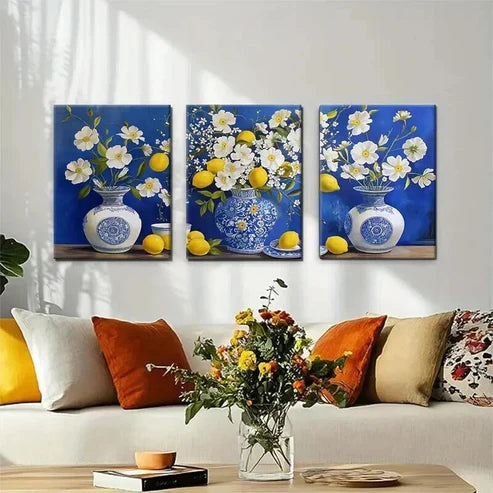 3pcs Blue and White Porcelain Bright Perfect Wall Art Set Canvas Unframed - High Quality Print 100% Australian Made Wall Canvas