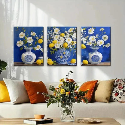 3pcs Blue and White Porcelain Bright Perfect Wall Art Set Canvas Unframed - High Quality Print 100% Australian Made Wall Canvas