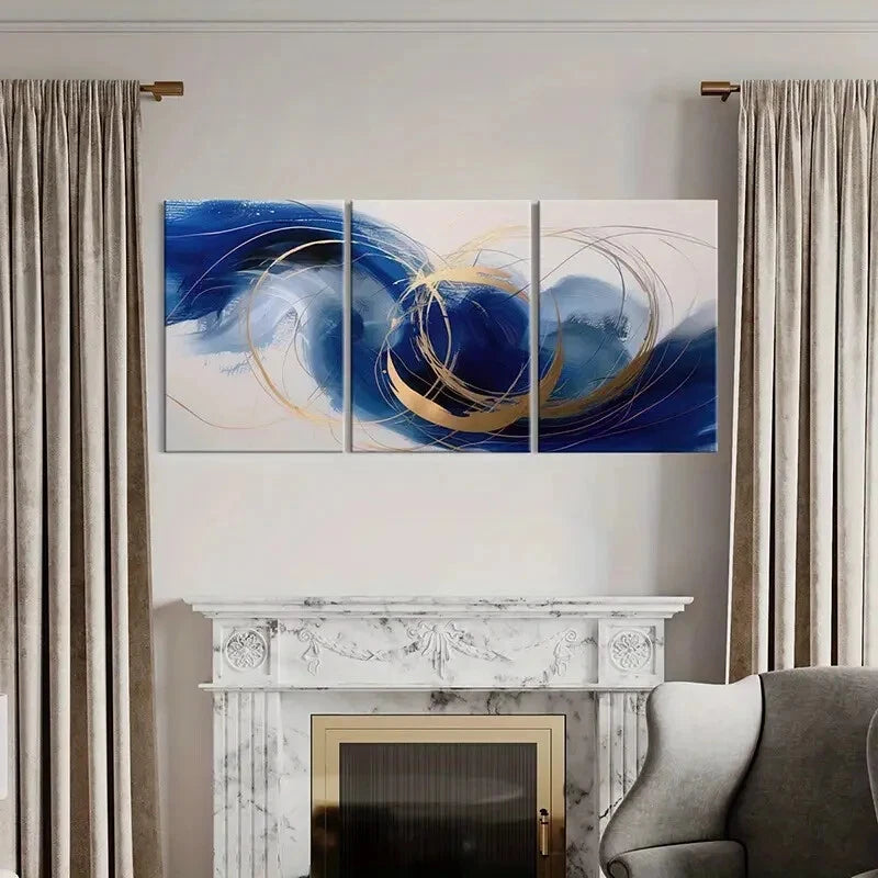 3pcs Abstract Art Golden Lines Blue Waves Mode Metal Print Ready to Hang Art - Bella Home Decor