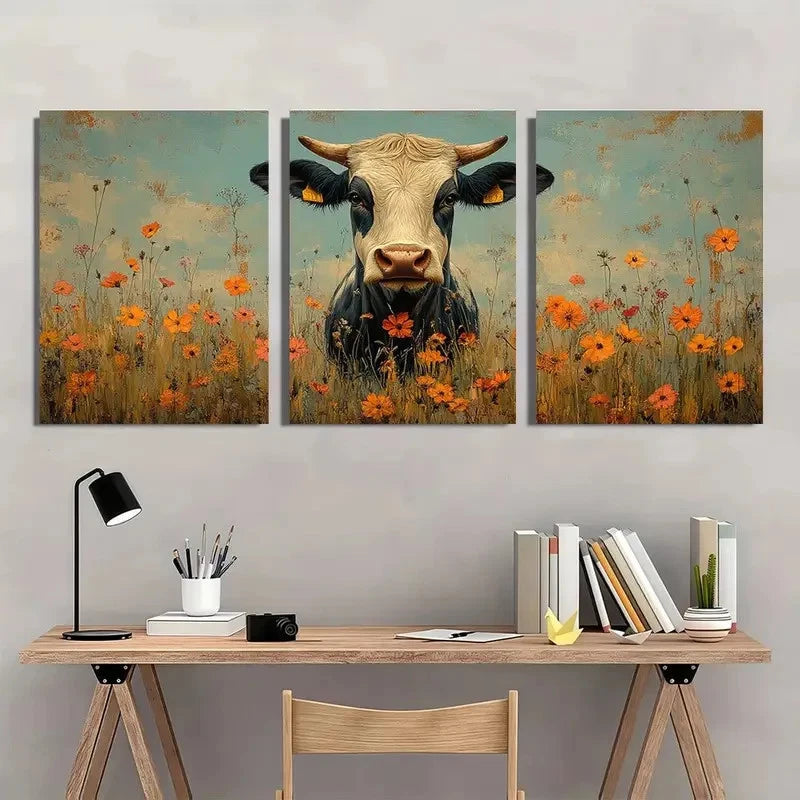 3pcs Rustic Cow And Floral Farmhouse Style Metal Print Ready to Hang Art - Bella Home Decor