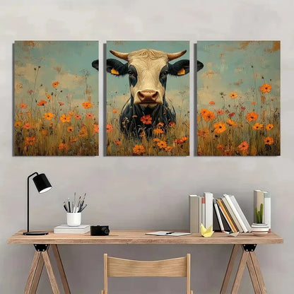 3pcs Rustic Cow And Floral Farmhouse Style Metal Print Ready to Hang Art - Bella Home Decor